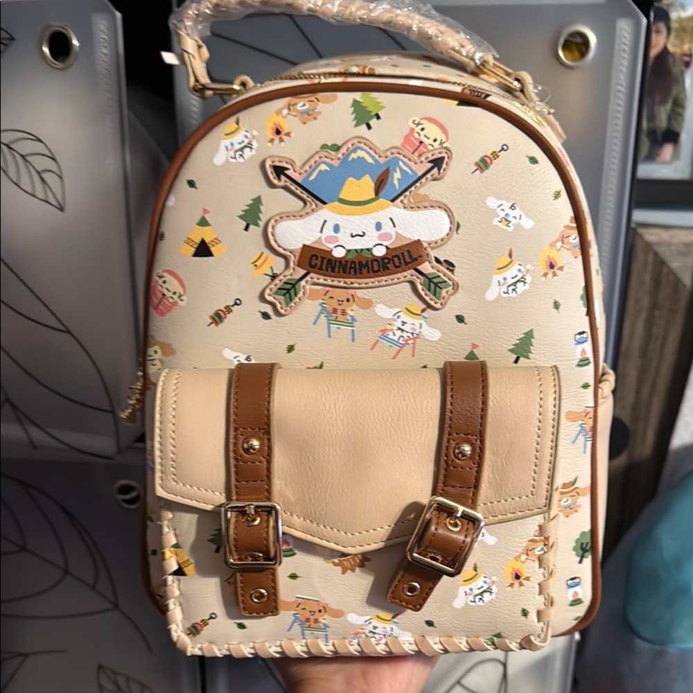 Cream and Brown Cartoon Print Backpack with Leather Accents
